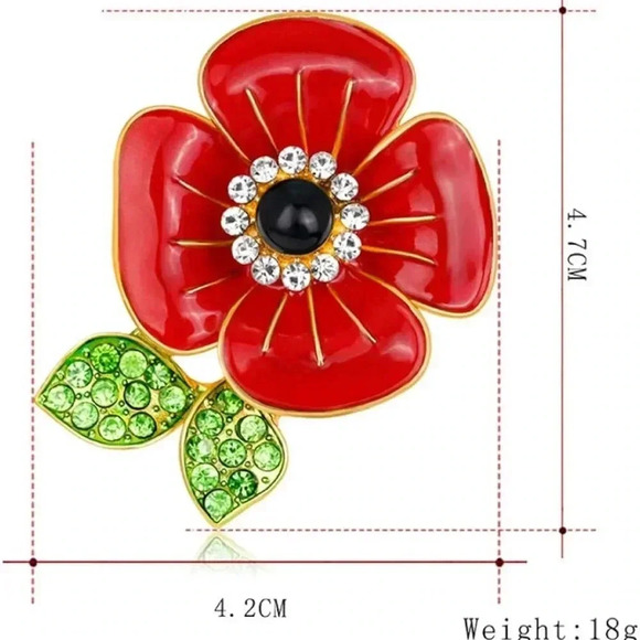 Elegant Red Flower Brooch with Green Leaves - Picture 2 of 6